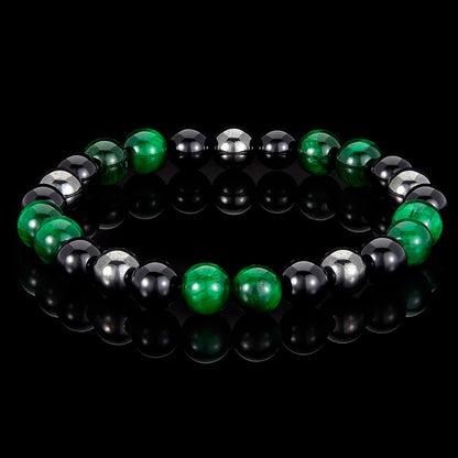 Crucible Los Angeles 8mm Bead Stretch Bracelet Featuring Green Tiger Eye, Shiny Black Onyx and Magnetic Hematite