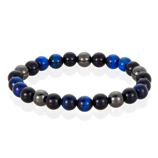 8mm Bead Stretch Bracelet Featuring Blue Tiger Eye, Shiny Black Onyx and Magnetic Hematite