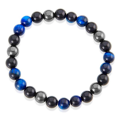 Crucible Los Angeles 8mm Bead Stretch Bracelet Featuring Blue Tiger Eye, Shiny Black Onyx and Magnetic Hematite