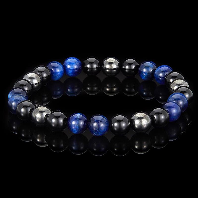 Crucible Los Angeles 8mm Bead Stretch Bracelet Featuring Blue Tiger Eye, Shiny Black Onyx and Magnetic Hematite