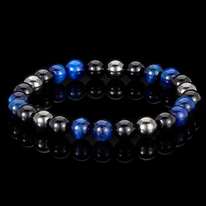 8mm Bead Stretch Bracelet Featuring Blue Tiger Eye, Shiny Black Onyx and Magnetic Hematite