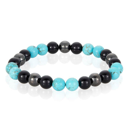 8mm Bead Stretch Bracelet Featuring Turquoise, Shiny Black Onyx and Magnetic Hematite