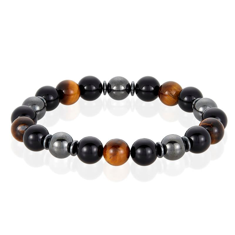 Crucible Los Angeles 10mm Bead Stretch Bracelet Featuring Tiger Eye, Shiny Black Onyx and Magnetic Hematite