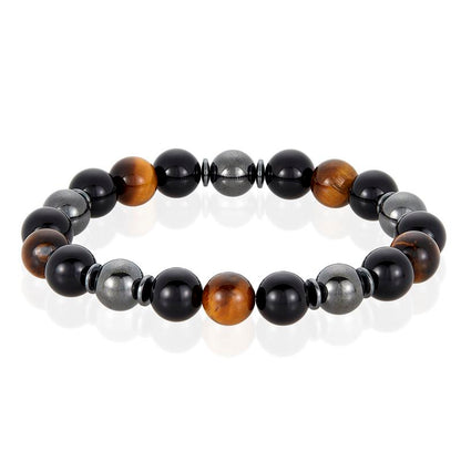 10mm Bead Stretch Bracelet Featuring Tiger Eye, Shiny Black Onyx and Magnetic Hematite