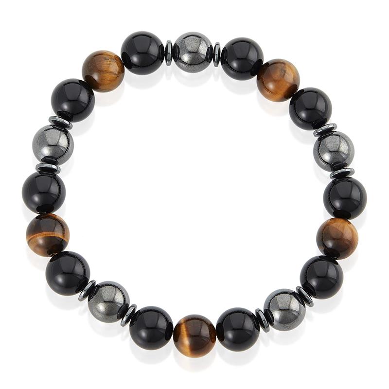 10mm Bead Stretch Bracelet Featuring Tiger Eye, Shiny Black Onyx and Magnetic Hematite