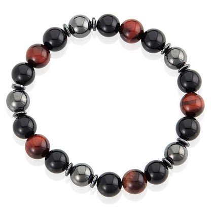 Crucible Los Angeles 10mm Bead Stretch Bracelet Featuring Red Tiger Eye, Shiny Black Onyx and Magnetic Hematite