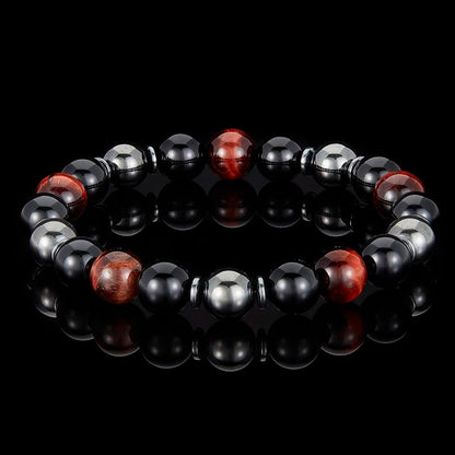 10mm Bead Stretch Bracelet Featuring Red Tiger Eye, Shiny Black Onyx and Magnetic Hematite