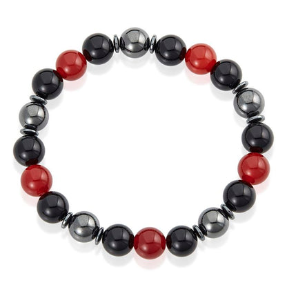 10mm Bead Stretch Bracelet Featuring Red Agate, Shiny Black Onyx and Magnetic Hematite