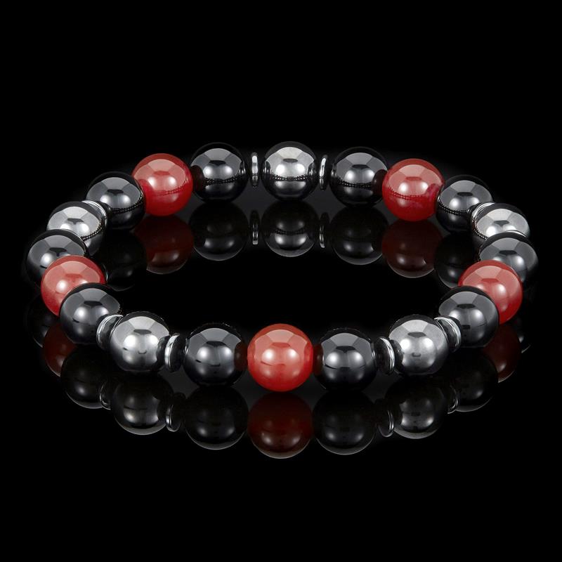 Crucible Los Angeles 10mm Bead Stretch Bracelet Featuring Red Agate, Shiny Black Onyx and Magnetic Hematite