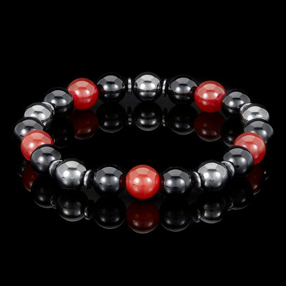 10mm Bead Stretch Bracelet Featuring Red Agate, Shiny Black Onyx and Magnetic Hematite