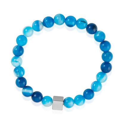 8mm Hematite Cube and Blue Banded Agate Beads Stretch Bracelet