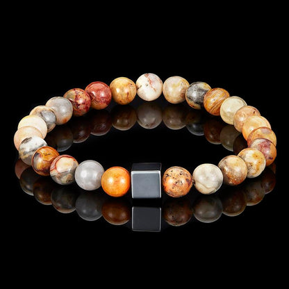 8mm Hematite Cube and Crazy Lace Agate Beads Stretch Bracelet