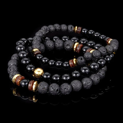 Set of 3 Bracelets - Polished Black Onyx , Lava, Wood and Gold Hematite Bead Stretch Bracelets
