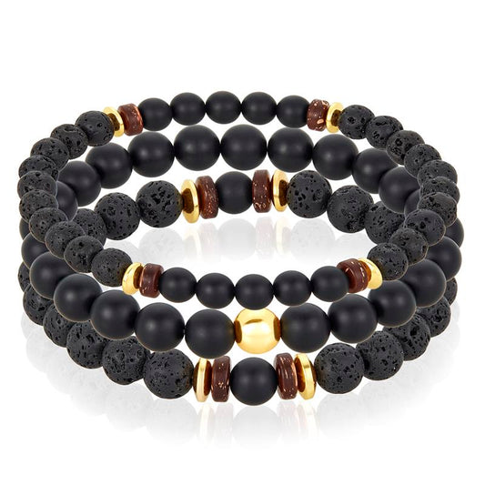 Set of 3 Bracelets - Matte Black Agate , Lava, Wood and Gold Hematite Bead Stretch Bracelets