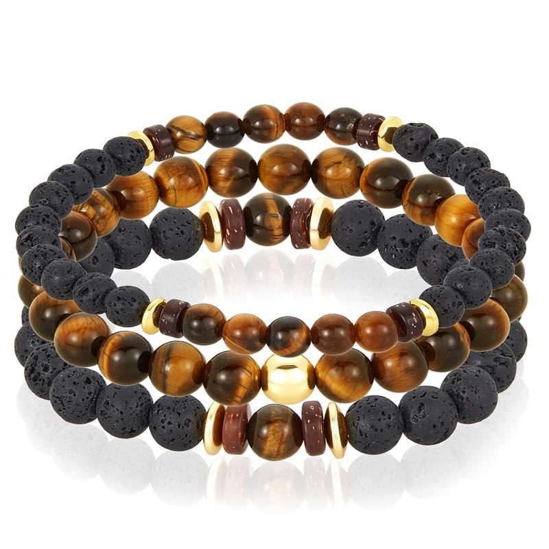Crucible Los Angeles 3 Pack Tiger Eye , Lava, Wood and Gold Hematite Bead Stretch Bracelets