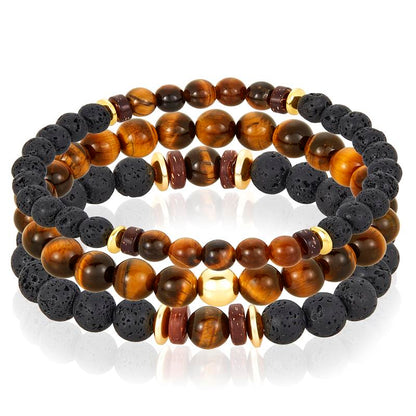 Set of 3 Bracelets - Tiger Eye , Lava, Wood and Gold Hematite Bead Stretch Bracelets