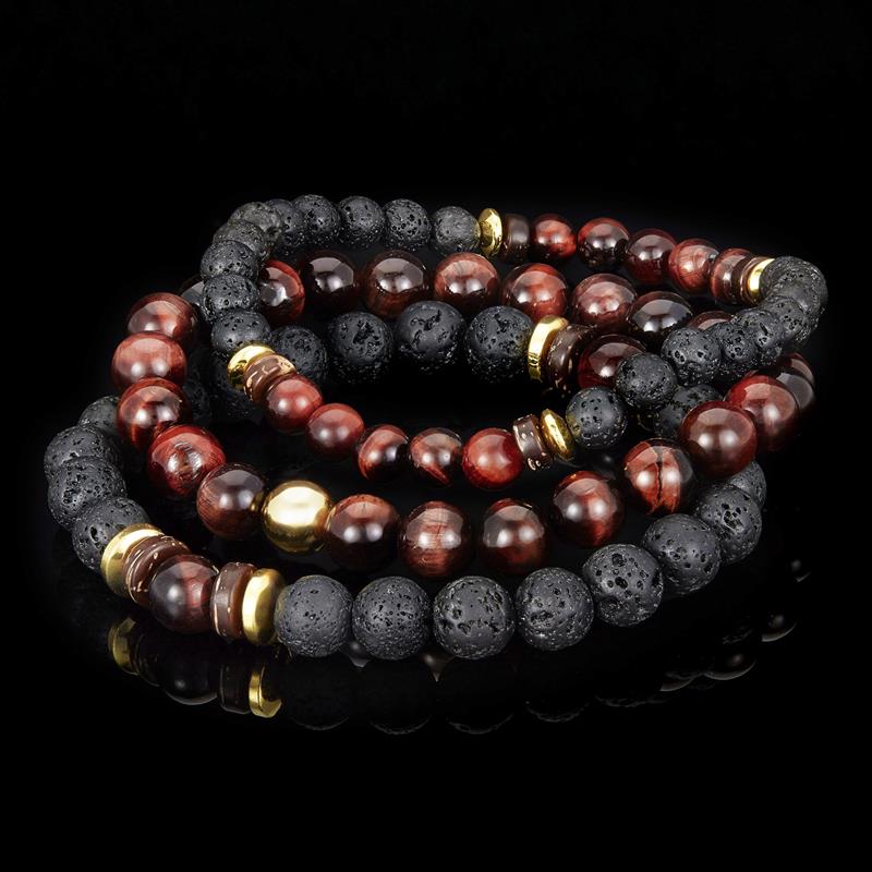 Set of 3 Bracelets - Red Tiger Eye , Lava, Wood and Gold Hematite Bead Stretch Bracelets