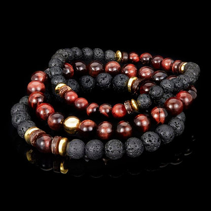 Crucible Los Angeles 3 Pack Red Tiger Eye , Lava, Wood and Gold Hematite Bead Stretch Bracelets