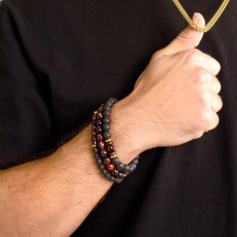 Set of 3 Bracelets - Red Tiger Eye , Lava, Wood and Gold Hematite Bead Stretch Bracelets