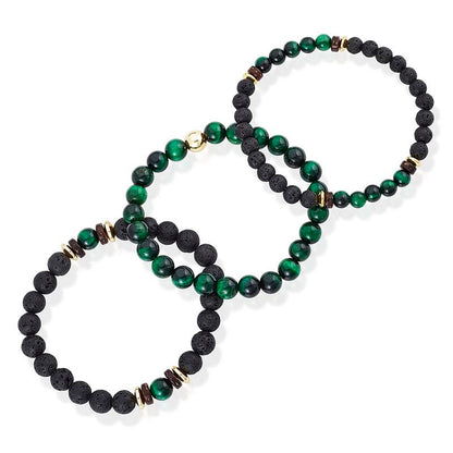 Set of 3 Bracelets - Green Tiger Eye , Lava, Wood and Gold Hematite Bead Stretch Bracelets