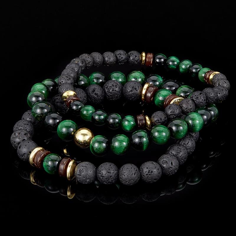 Set of 3 Bracelets - Green Tiger Eye , Lava, Wood and Gold Hematite Bead Stretch Bracelets