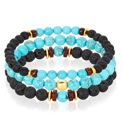Set of 3 Bracelets - Turquoise , Lava, Wood and Gold Hematite Bead Stretch Bracelets
