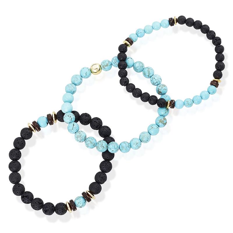 Set of 3 Bracelets - Turquoise , Lava, Wood and Gold Hematite Bead Stretch Bracelets