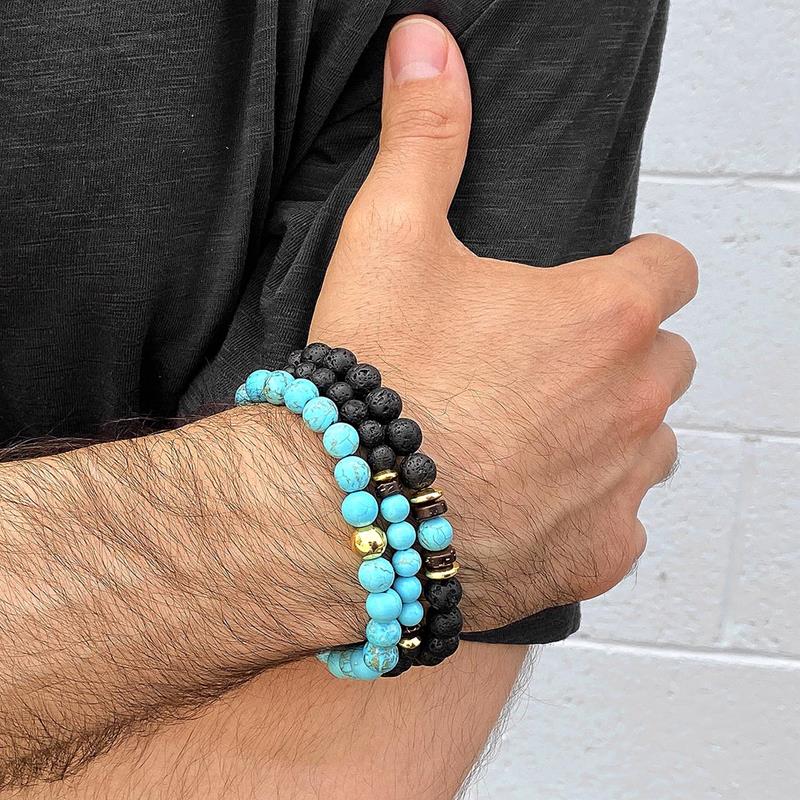 Crucible Los Angeles 3 Pack Turquoise , Lava, Wood and Gold Hematite Bead Stretch Bracelets