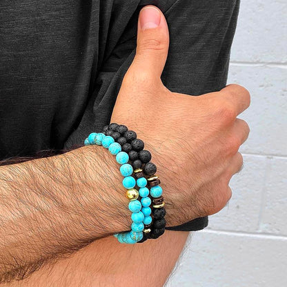 Crucible Los Angeles 3 Pack Turquoise , Lava, Wood and Gold Hematite Bead Stretch Bracelets