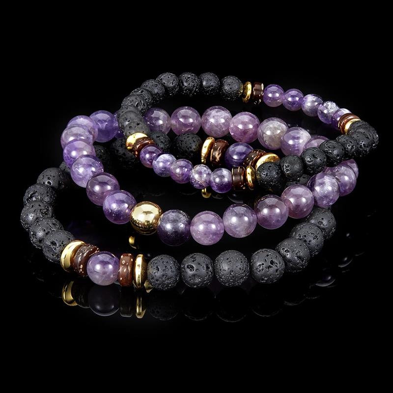 Set of 3 Bracelets - Amethyst , Lava, Wood and Gold Hematite Bead Stretch Bracelets