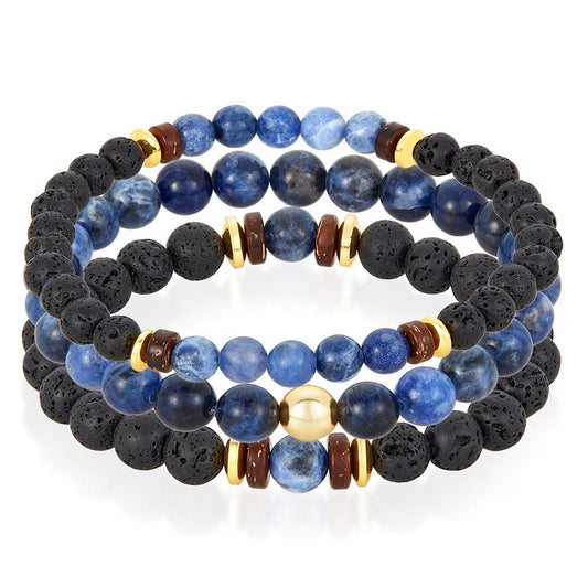 Set of 3 Bracelets - Sodalite , Lava, Wood and Gold Hematite Bead Stretch Bracelets