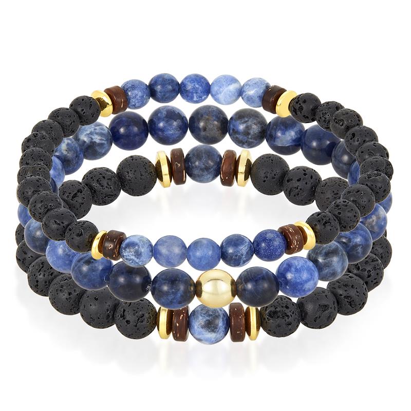 Crucible Los Angeles 3 Pack Sodalite , Lava, Wood and Gold Hematite Bead Stretch Bracelets