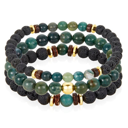 Crucible Los Angeles 3 Pack Moss Agate , Lava, Wood and Gold Hematite Bead Stretch Bracelets