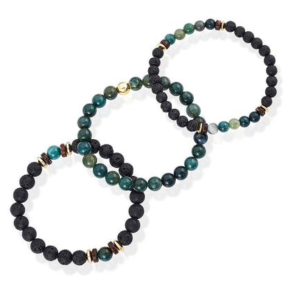 Crucible Los Angeles 3 Pack Moss Agate , Lava, Wood and Gold Hematite Bead Stretch Bracelets