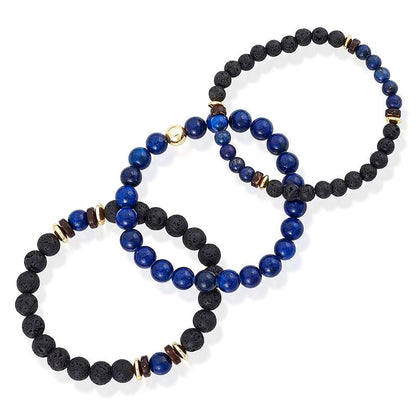 Crucible Los Angeles 3 Pack Lapis Lazuli , Lava, Wood and Gold Hematite Bead Stretch Bracelets