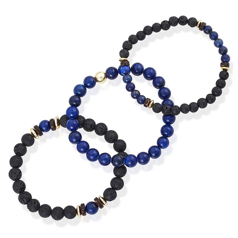 Set of 3 Bracelets - Lapis Lazuli , Lava, Wood and Gold Hematite Bead Stretch Bracelets