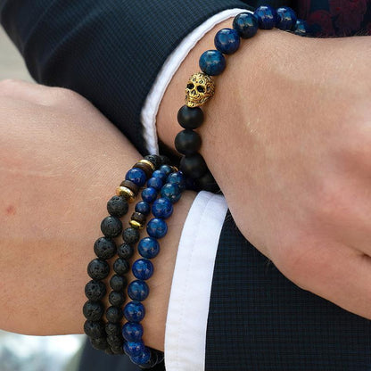 Set of 3 Bracelets - Lapis Lazuli , Lava, Wood and Gold Hematite Bead Stretch Bracelets