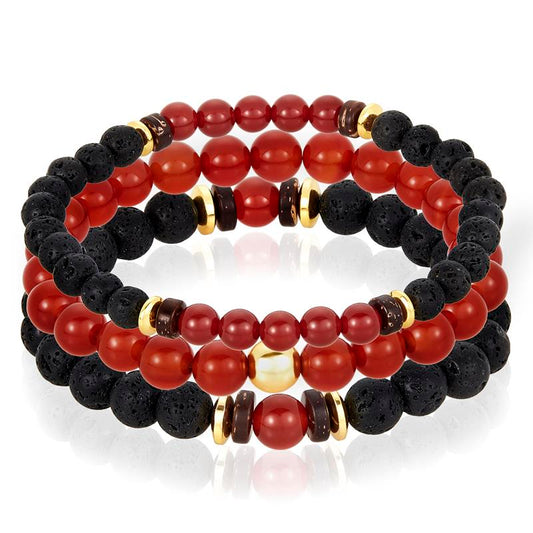 Set of 3 Bracelets - Red Agate , Lava, Wood and Gold Hematite Bead Stretch Bracelets