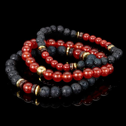 Set of 3 Bracelets - Red Agate , Lava, Wood and Gold Hematite Bead Stretch Bracelets