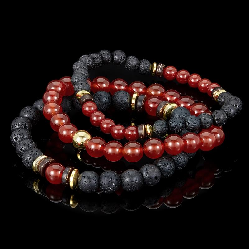 Crucible Los Angeles 3 Pack Red Agate , Lava, Wood and Gold Hematite Bead Stretch Bracelets