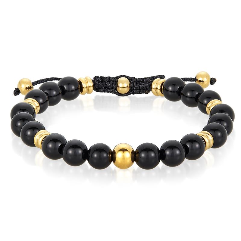 Crucible Los Angeles 8mm Polished Black Onyx and Gold IP Stainless Steel Beads on Adjustable Cord Tie Bracelet