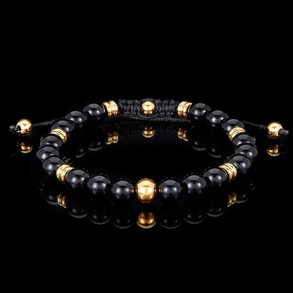 Crucible Los Angeles 8mm Polished Black Onyx and Gold IP Stainless Steel Beads on Adjustable Cord Tie Bracelet