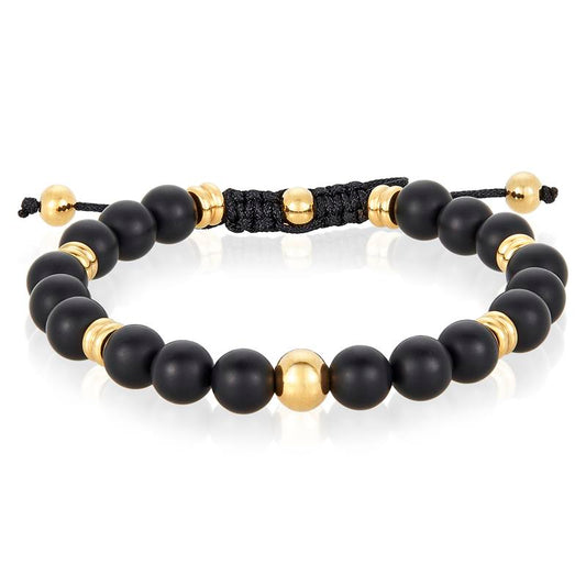 8mm Matte Black Agate and Gold IP Stainless Steel Beads on Adjustable Cord Tie Bracelet