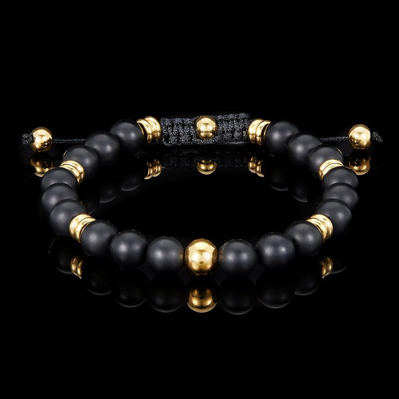 Crucible Los Angeles 8mm Matte Black Agate and Gold IP Stainless Steel Beads on Adjustable Cord Tie Bracelet
