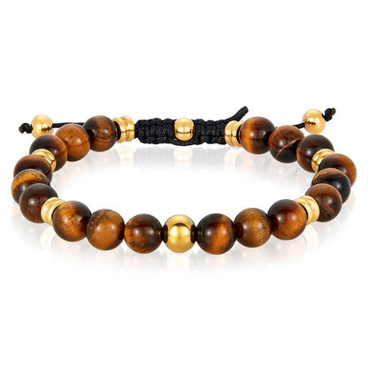 Crucible Los Angeles 8mm Tiger Eye and Gold IP Stainless Steel Beads on Adjustable Cord Tie Bracelet