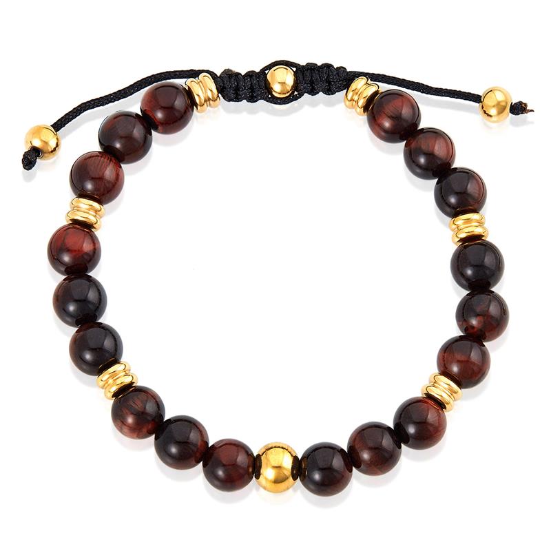 Crucible Los Angeles 8mm Red Tiger Eye and Gold IP Stainless Steel Beads on Adjustable Cord Tie Bracelet