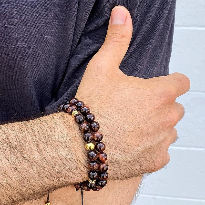 Crucible Los Angeles 8mm Red Tiger Eye and Gold IP Stainless Steel Beads on Adjustable Cord Tie Bracelet