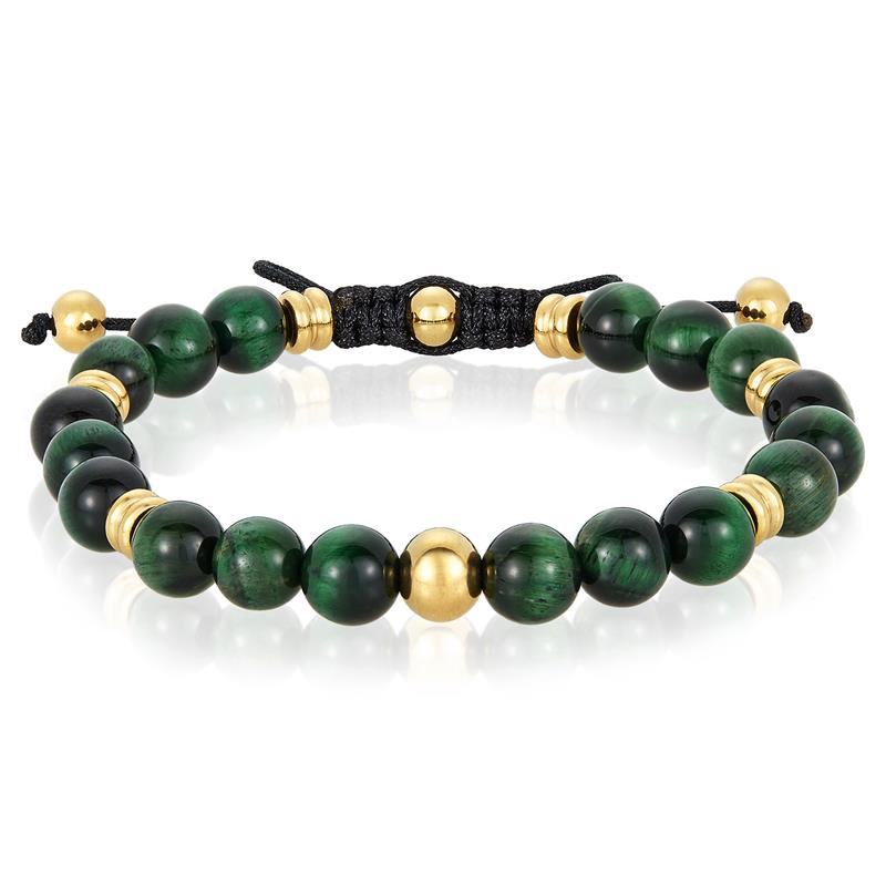 8mm Green Tiger Eye and Gold IP Stainless Steel Beads on Adjustable Cord Tie Bracelet