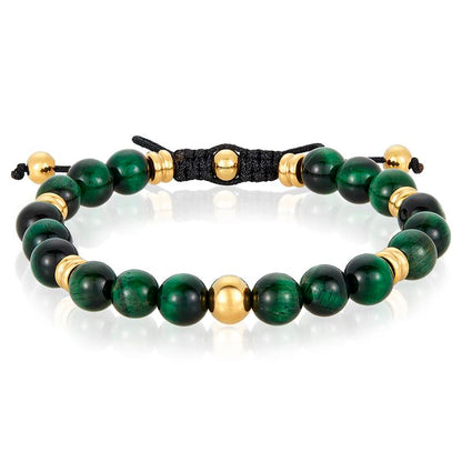 Crucible Los Angeles 8mm Green Tiger Eye and Gold IP Stainless Steel Beads on Adjustable Cord Tie Bracelet