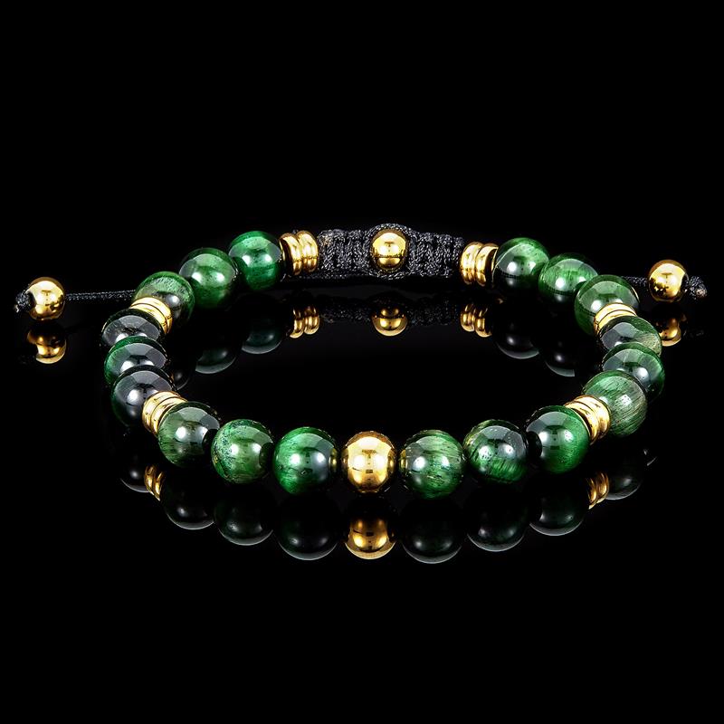 Crucible Los Angeles 8mm Green Tiger Eye and Gold IP Stainless Steel Beads on Adjustable Cord Tie Bracelet